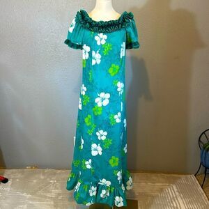 Royal creations teal green floral Hawaiian maxi dress ruffled collar size M